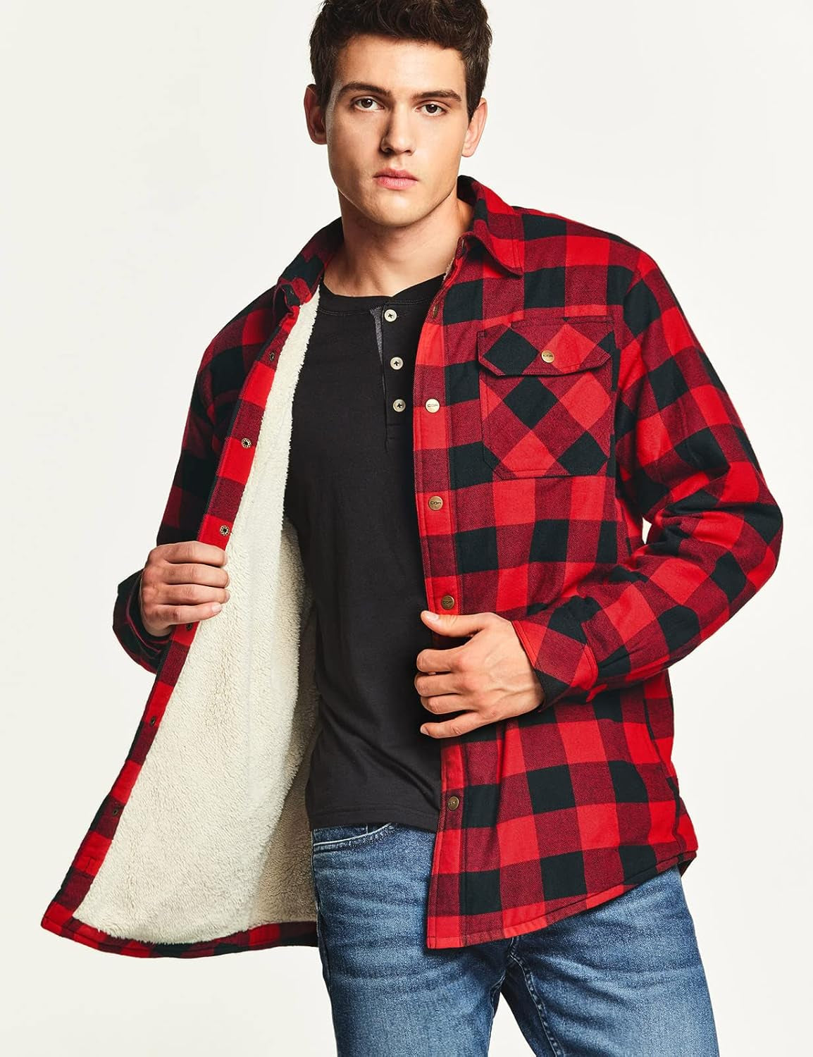 Men'S Flannel Shirt Jacket Long Sleeve, Winter Warm Outdoor Casual Plaid Jacket Coat with Pockets