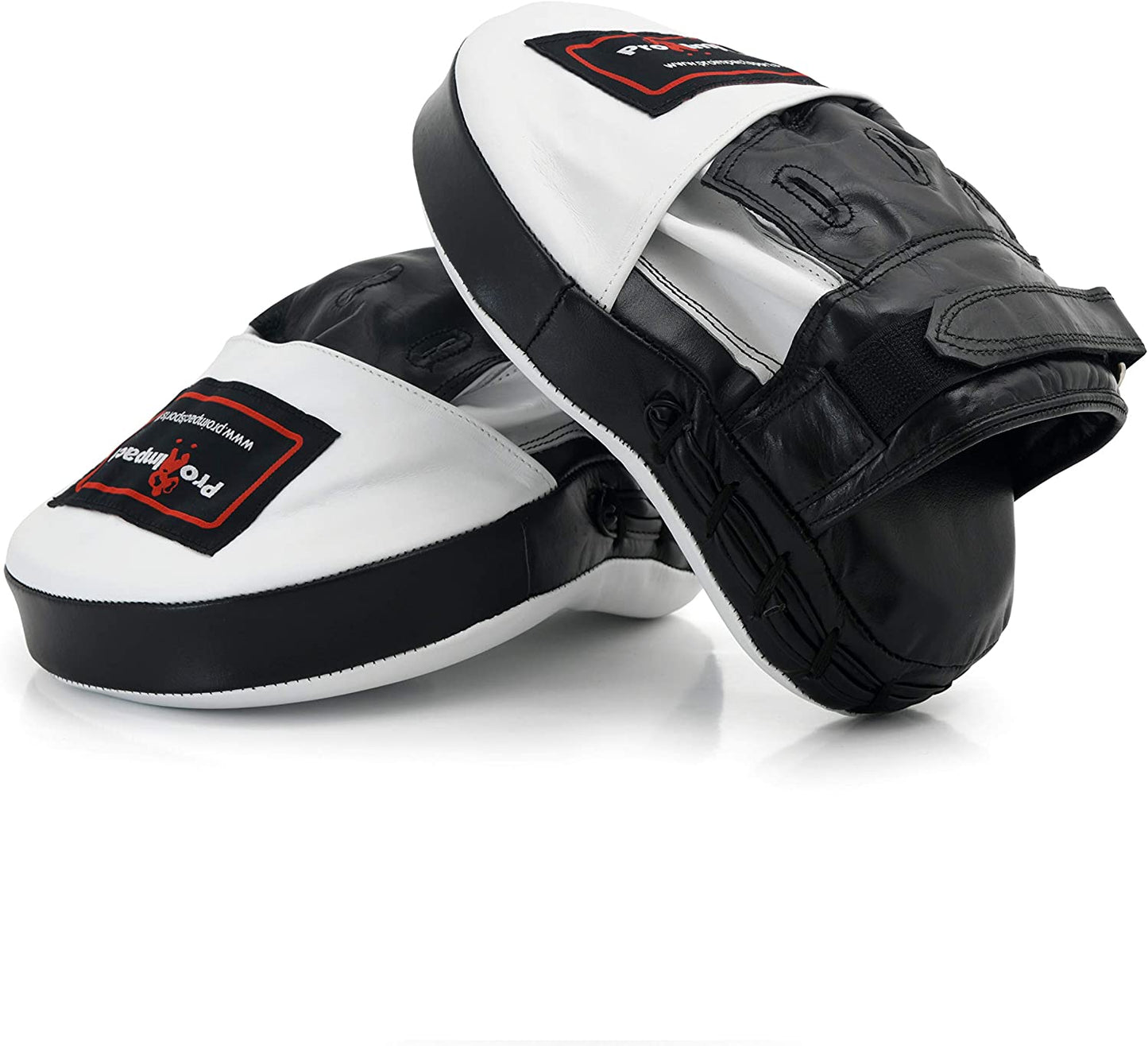 Curved Focus Mitts - Shock Absorbent Training Hand Pads - Ideal for Karate Boxing MMA Muay Thai or Fighting Sports Training Genuine and PU Leather (White Black Genuine Leather)