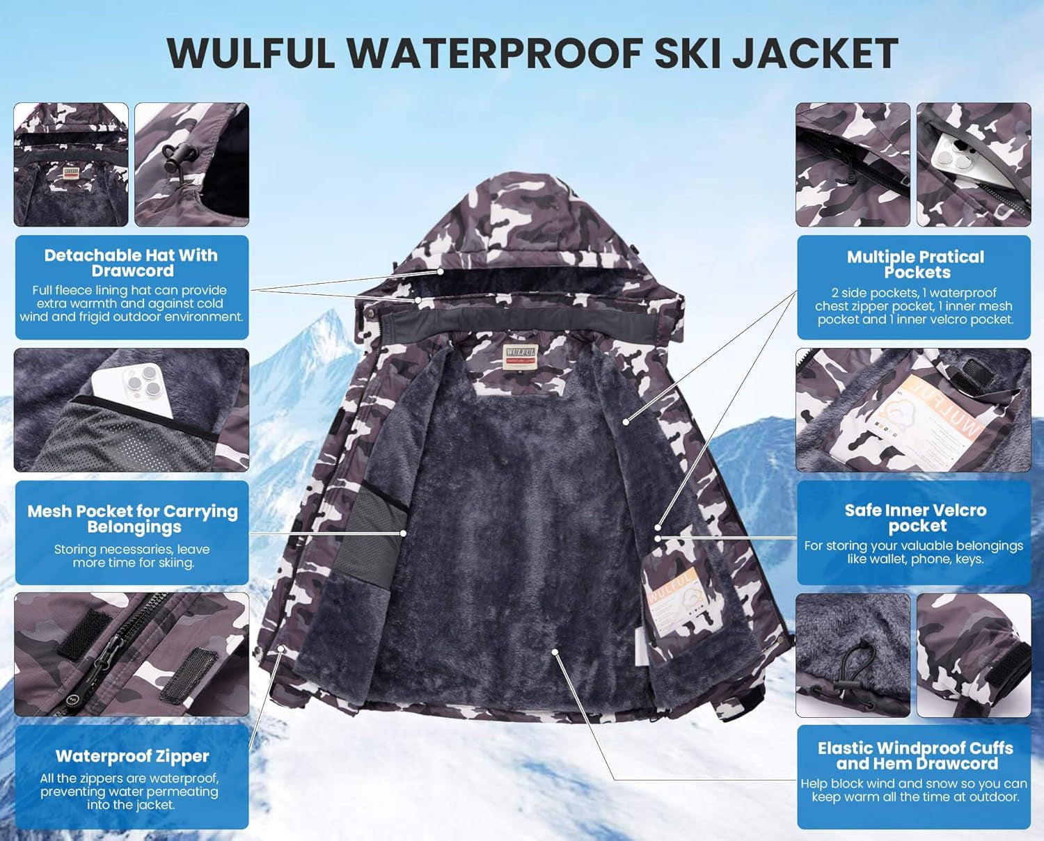 Women'S Waterproof Ski Jacket Warm Winter Coats Windproof Winter Jackets for Women Fleece Lined Windbreaker with Hood