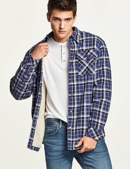 Men'S Flannel Shirt Jacket Long Sleeve, Winter Warm Outdoor Casual Plaid Jacket Coat with Pockets